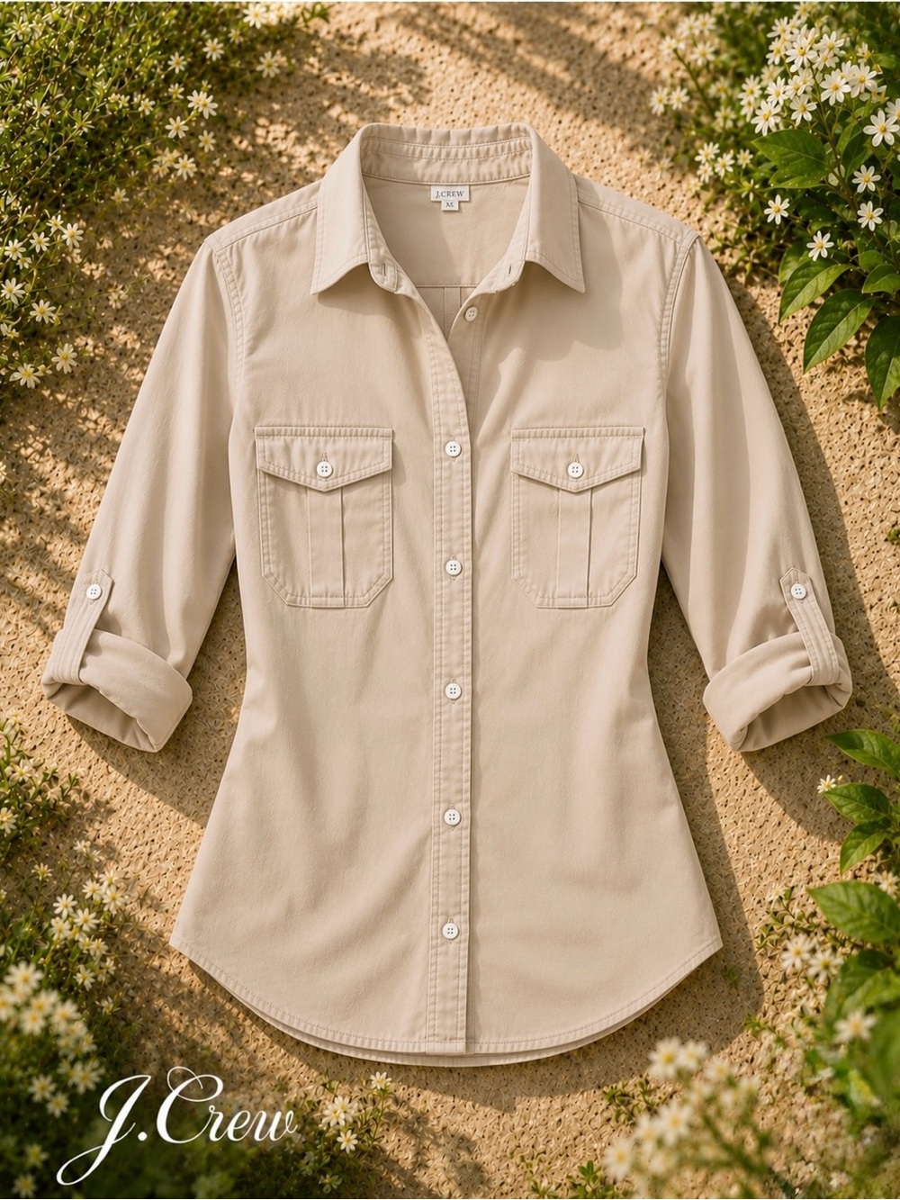 J Crew Button-Down Cotton Khaki Tan Top, Sleeve Roll-Tabs ⭐️ Like New - Picture 6 of 16